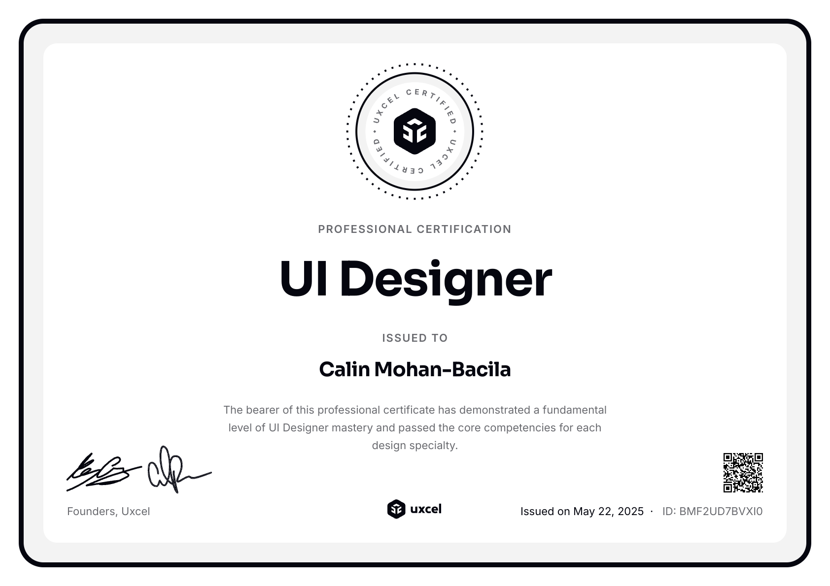 Calin Mohan-Bacila's certificate